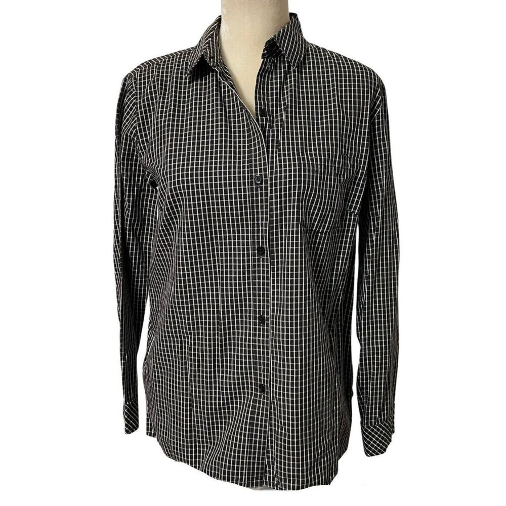 Rebecca Malone Button Up Shirt Small Black White Checkered Long Sleeve Collared